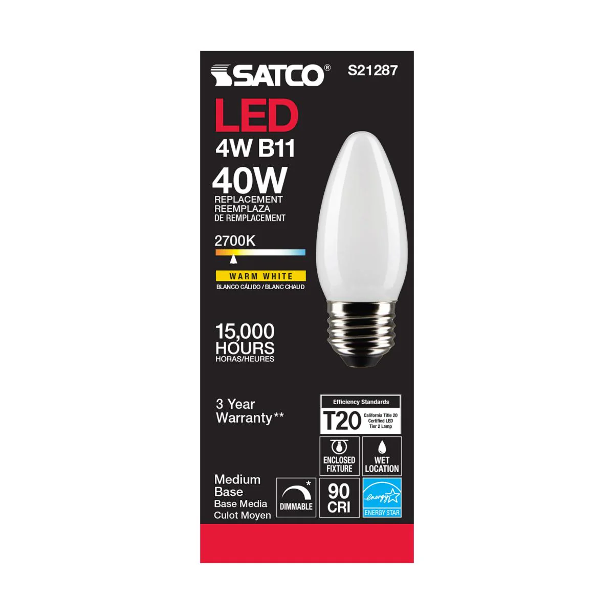 Satco LED Medium Base 40W Equivalent Torpedo Bulb – 4W – Frosted – E26 Edison Base – Warm White – 2700K - Image 3