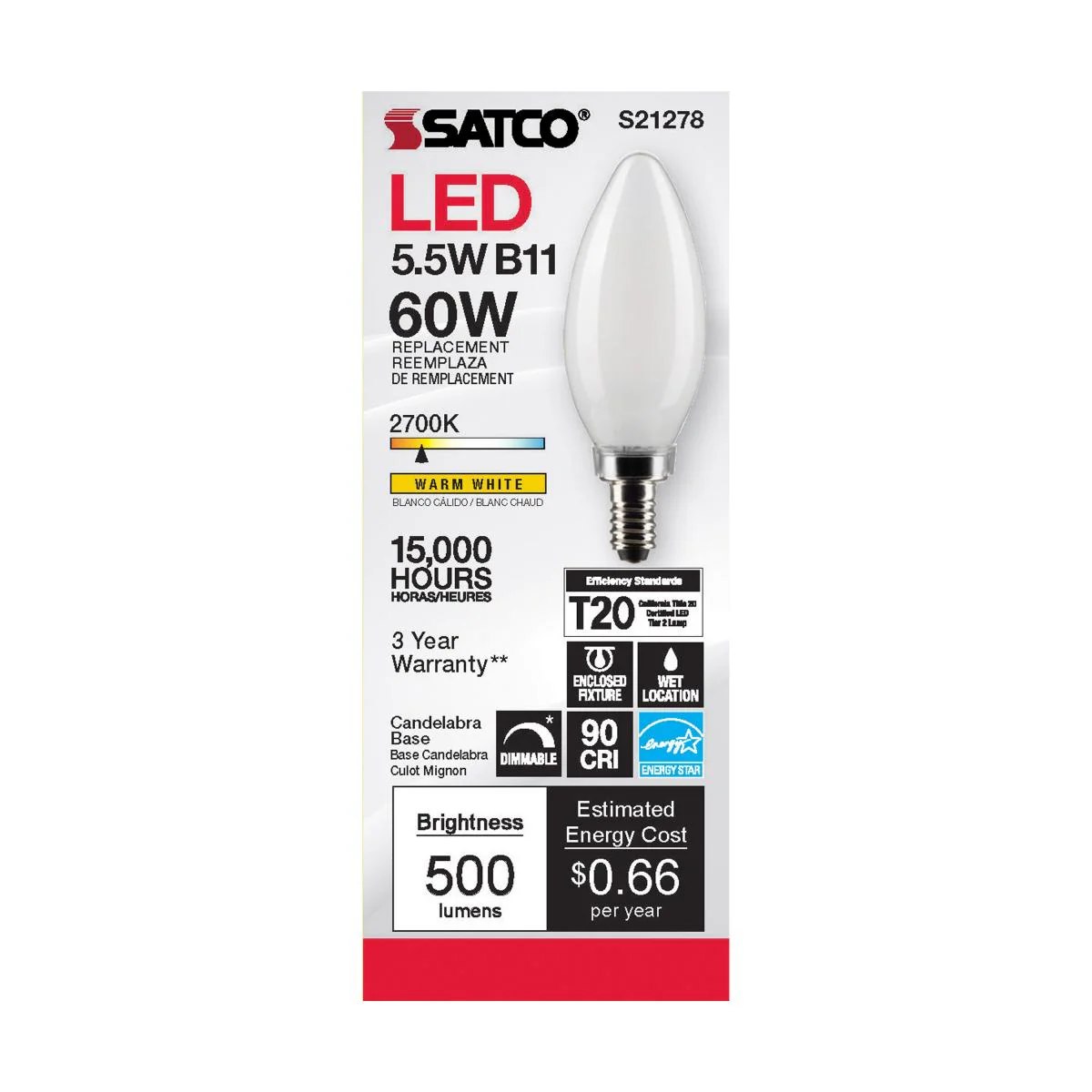Satco LED 60W Equivalent Torpedo Bulb – 5.5W – E12 Candelabra Base – Frosted – Warm White – 2700K - Image 2