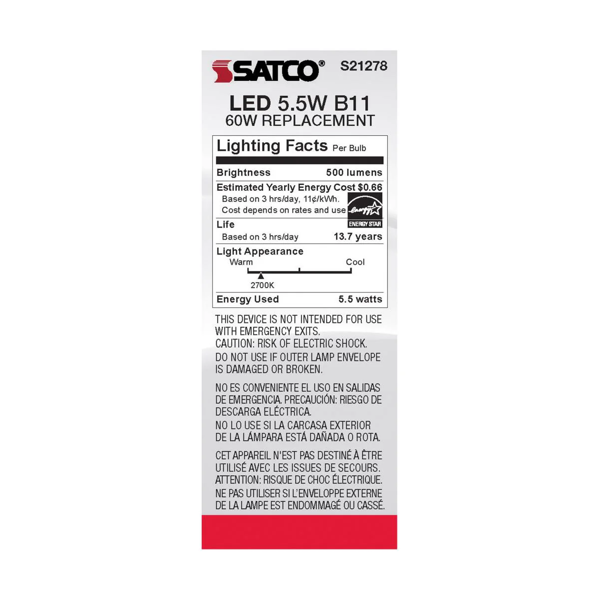Satco LED 60W Equivalent Torpedo Bulb – 5.5W – E12 Candelabra Base – Frosted – Warm White – 2700K - Image 3