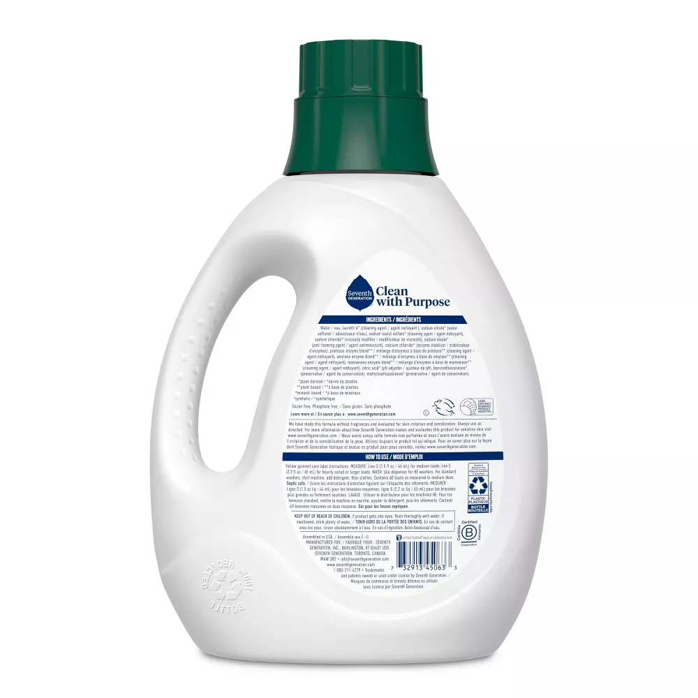 Seventh Generation Biodegradable Free & Clear Liquid Laundry Detergent – 90-oz. - Image 2
