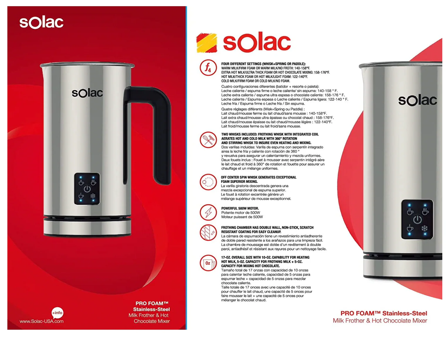 Solac Pro Foam Stainless Steel Milk Frother and Hot Chocolate Mixer - Image 2