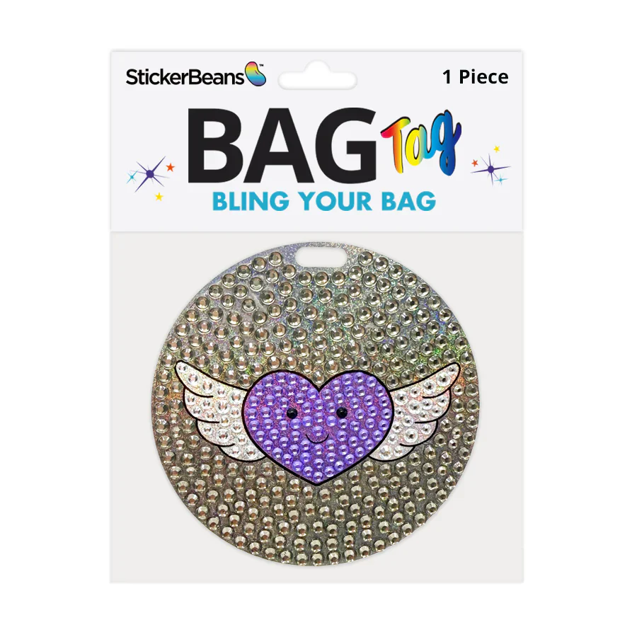 StickerBeans Sparkle Luggage Tag – 3.5" dia. – Winged Heart - Image 2