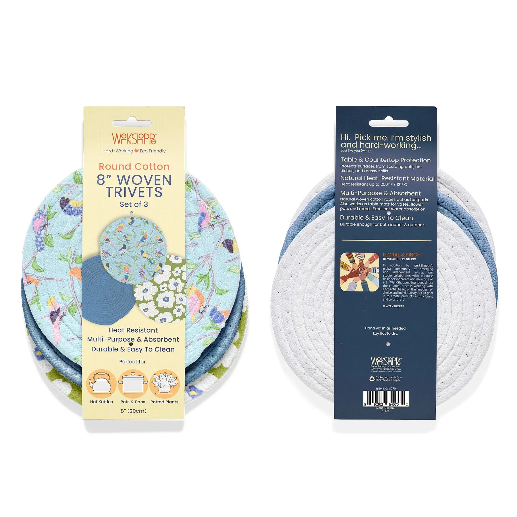 Werkshoppe Floral & Finch Cotton Kitchen Trivets – 8" – Set of 3 - Image 2